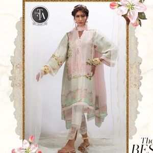 Farah Talib Aziz Floral Raw Silk 2-Piece Shirt and Dupatta Size Small